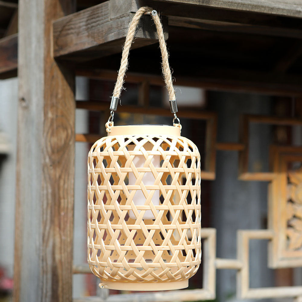 Close-up of rattan weave detail on the solar hanging lantern