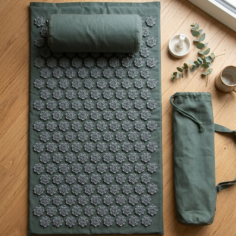 Acupressure mat pillow set and carry bag flat lay — self-care wellness gift