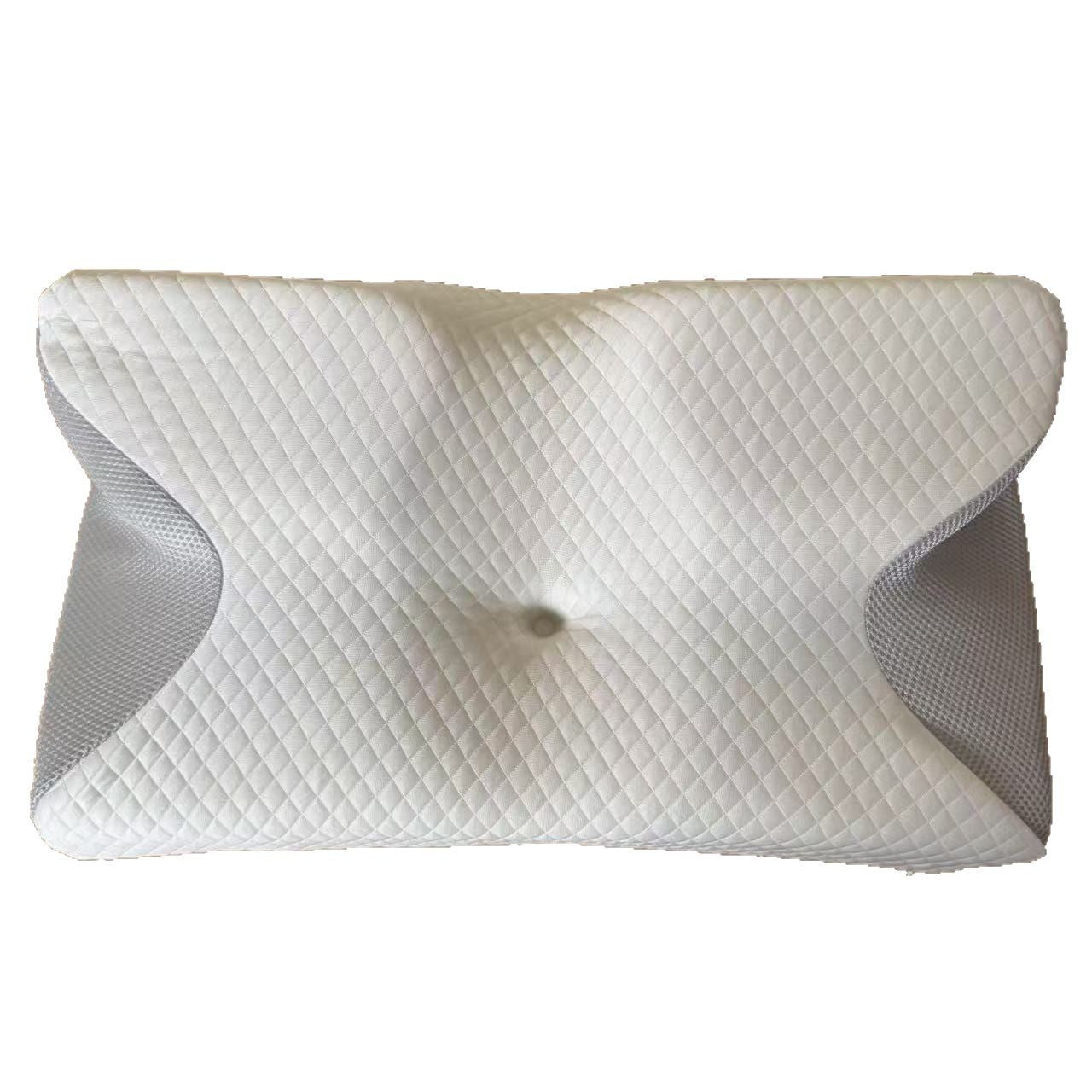 Butterfly cervical pillow with removable washable polyester cover unzipped to reveal memory foam core