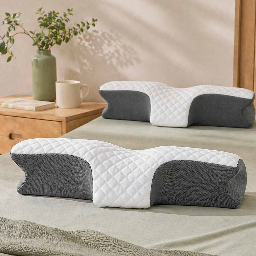 Ergonomic butterfly pillow for neck pain relief with contoured memory foam support zones