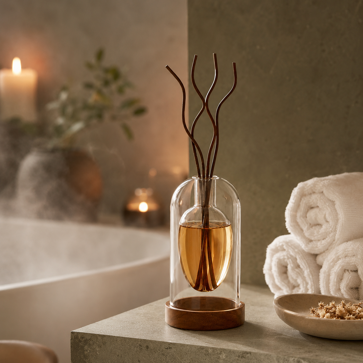 Glass reed diffuser in a luxury bathroom setting with soft natural light