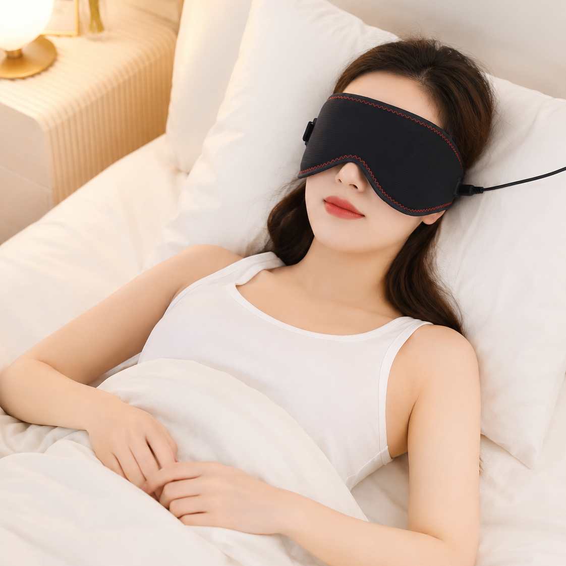 Woman lying in bed wearing a black sleep mask in a cozy bedroom setting.