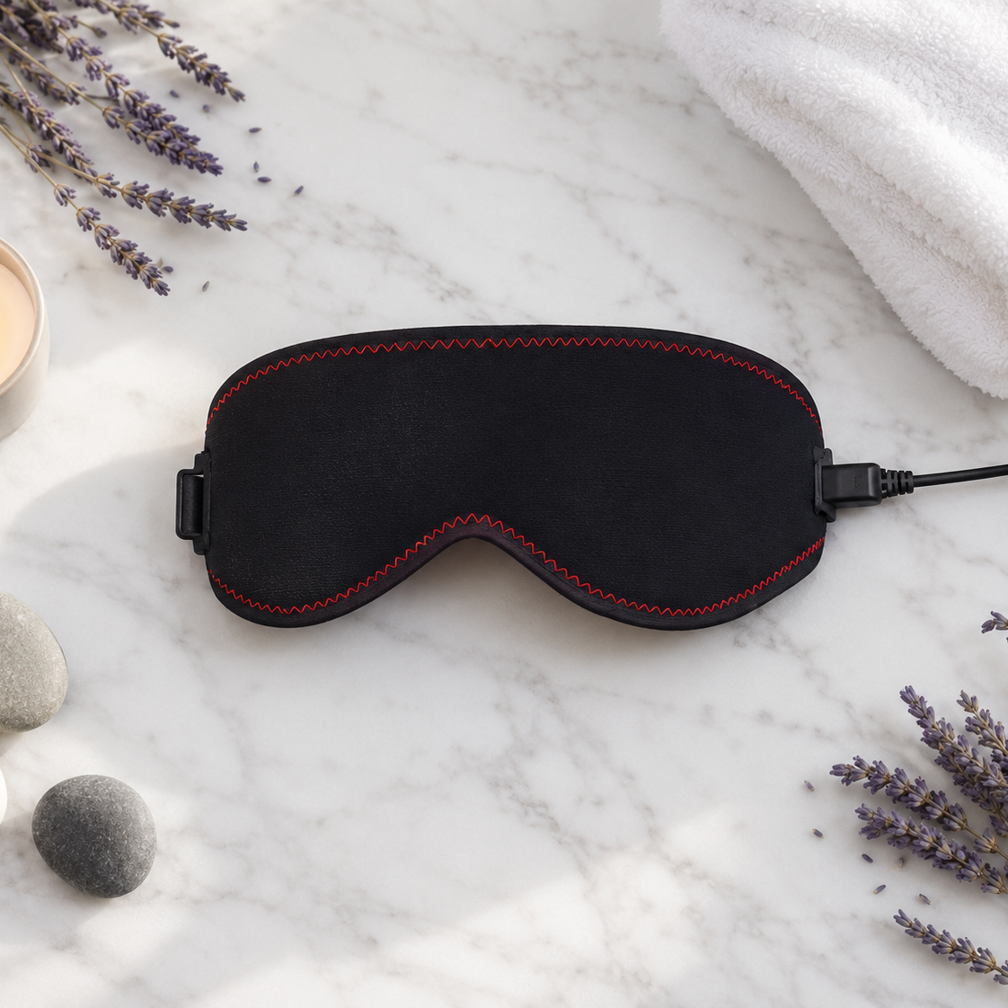 Black eye mask with red stitching on a marble surface with lavender and candles.