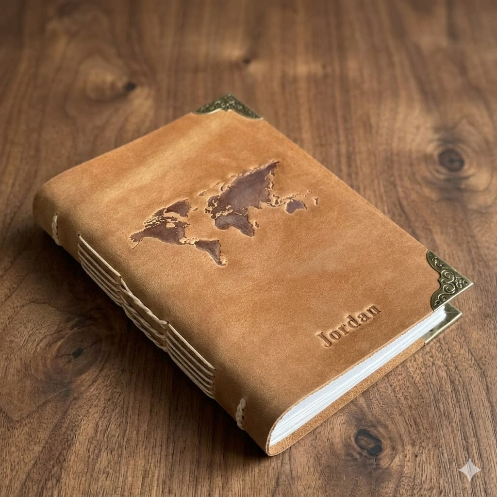 Leather-bound Destination Diary travel journal open on a wooden surface — perfect gift for travellers