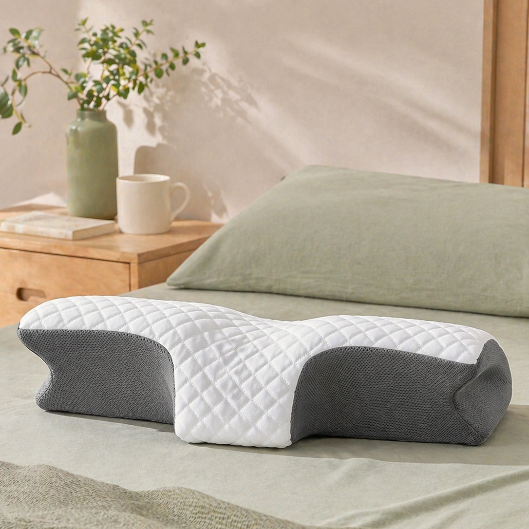 Memory foam cervical pillow promoting natural spinal alignment and neck support during sleep
