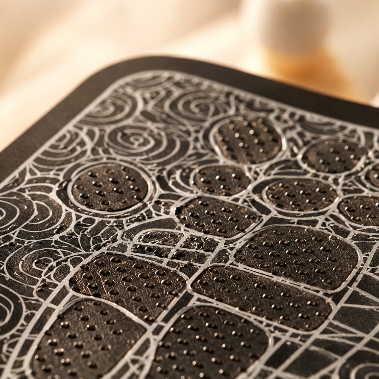 Close-up of the textured electrode surface of the EMS foot massager mat showing raised massage nodes and conductive pads.