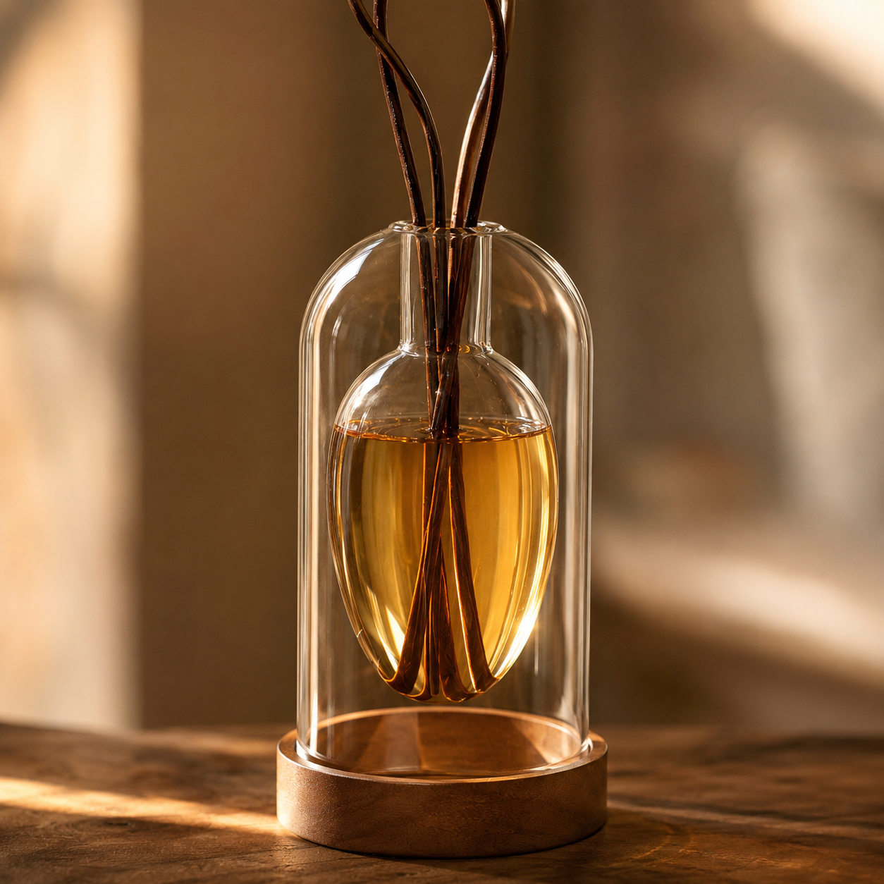 Reed diffuser on a home office desk creating a calm, scented workspace