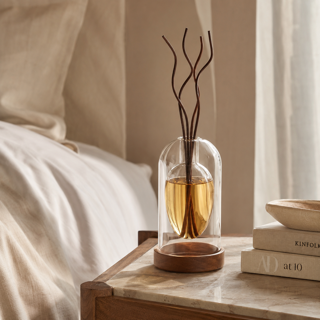 Two sculptural glass reed diffusers side by side in a bedroom lifestyle setting
