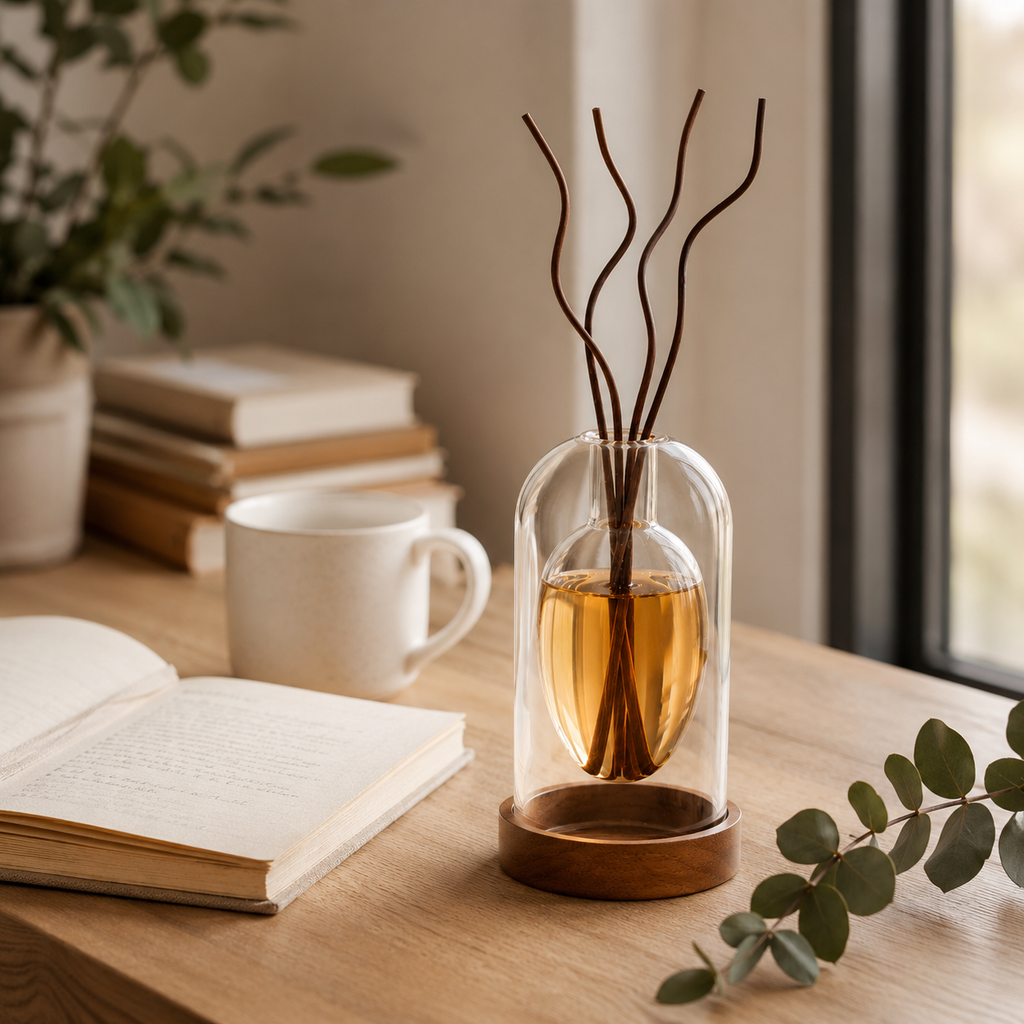 Sculptural glass reed diffuser with walnut base on a shelf — wellness gift idea