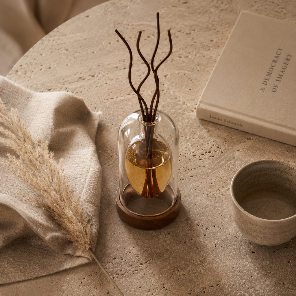 Reed diffuser with walnut timber base styled in a living room with plants and books