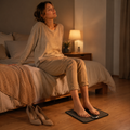 Tired woman sitting on the edge of a bed with eyes closed, feet resting on an EMS foot massager mat in a warm softly lit bedroom.